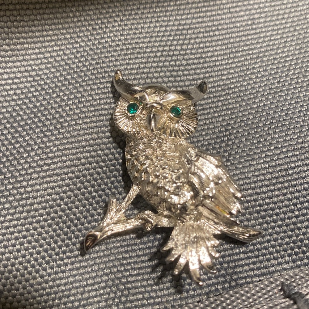 Monet Silver Owl‎ Brooch with Green Accents